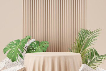 Poster - Mock up of stone and small plant forming a product podium, Cosmetic presentation. 3d rendering.