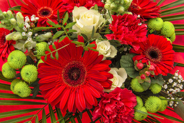 Sticker - Red gerbera flowers bouquet. Floral background