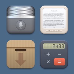 Poster - Microphone, archive, book reader and calculator icons. Vector 3d buttons for application interface design. Isolated ui graphic elements for mobile app, sound record gadget, device or website interface