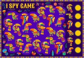Aufkleber - Cartoon mexican toucan birds on kids I spy game. Elementary school children puzzle with calculation activity. Children educational riddle game with tropical toucan birds and floral ornaments