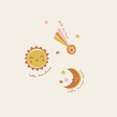 Cute childish celestial smiling sun sleeping moon fallen star vector illustration set. Boho baby day and night sky print collection with text for kids fashion and nursery decor.