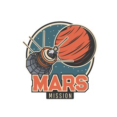 Wall Mural - mars mission vector icon with orbital satellite or space station, universe galaxy, mars planet and s