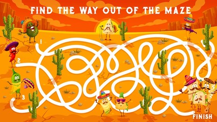 Poster - Labyrinth maze kids game, cartoon funny mexican food characters in desert. Vector boardgame with tangled path, cartoon mariachi tex mex snacks, start, finish and cacti. Educational riddle worksheet