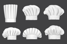 Chef Hats, Realistic 3D Cook Caps And Baker Toques Vector Mockup. Kitchen Chef Hats Of Different Shapes, Restaurant Cook And Culinary Baker Uniform Or Headwear Items, Gourmet Chef Toque