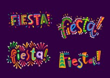 Fiesta Party. Mexican, Spanish And Latin Holiday Carnival Vector Banner. Fiesta Lettering Of Bright Color Letters With Ethnic Mexican Ornaments, Colorful Geometric Letters And Confetti