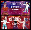Shapito circus clown cartoon vector characters performing comedy show on stage of amusement park or funfair. Funny jester or comic entertainer with wigs, red noses and umbrella, lights and flags