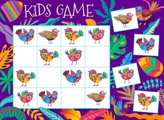 Poster - Sudoku kids game. Cartoon alebrije mexican birds. Vector educational test, children boardgame riddle or quiz puzzle worksheet with cartoon colorful birds and bright tropical flowers