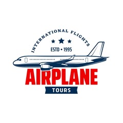 Sticker - Airplane tours, airline travel icon. Vacation tours aircraft flight, aviation tourism vector symbol, retro icon with passenger airliner, plane side view silhouette and typography