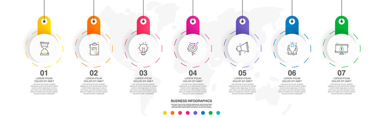 Vector line infographics with seven circles. Business concept graphic process template with 7 steps. Graphic timeline for app, website, interface, chart, levels, web, diagram, banner, presentations