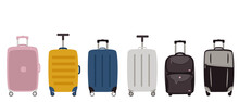 Collection Of Travel Suitcases With A Handle. Types Of Luggage. Vector Illustration Isolated On A White Background