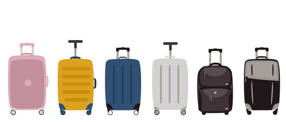 Collection of travel suitcases with a handle. Types of luggage. Vector illustration isolated on a white background