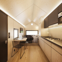 Wall Mural - Interior of tiny wooden house. Wooden cabin interior. 