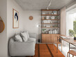 Interior of a small luxury orange wooden apartment. Comfortable small living room with open space, 3D rendering