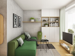 Wall Mural - Interior of a small luxury green wooden apartment. Comfortable small living room with open space, 3D rendering