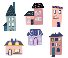 Cute Cartoon Houses. Various Little Tiny Houses. Small Townhouses, Minimalism Of Urban Buildings, Minimal Suburban Residential Building Vector Illustrations Set Of Icons.