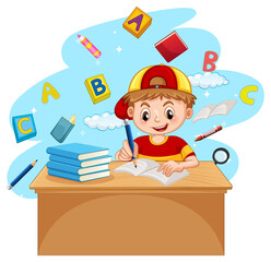 Wall Mural - A boy doing homework with books on white background