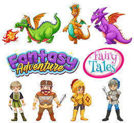 Sticker - Set of dragons and fairy tale cartoon characters