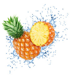 Canvas Print - Whole and halved pineapple in water splash with full depth of field isolated on white background.