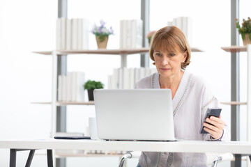 Wall Mural - senior businesswoman or freelancer looking smartphone for checking something for work