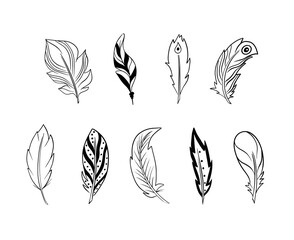 Hand drawn vector illustration bohemian, tribal, ethnic feathers.