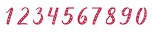 The Numbers 1, 2, 3, 4, 5, 6, 7, 8, 9, 0 Handwritten Lettering Modern Brush Calligraphy. Hand-drawn Red Digits Decorated With Hearts On White Background. For Wedding, Valentine's Day, February 14. 