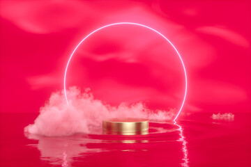 Aufkleber - Beauty fashion podium backdrop with empty golden cylinder on water ripple. 3d rendering.