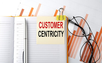 Poster - Text CUSTOMER CENTRICITY on sticker on the notepad on the diagram background