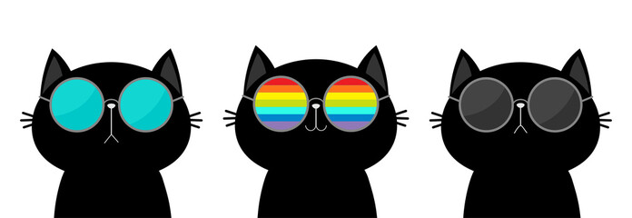 Wall Mural - Cat wearing sunglasses eyeglasses set. Rainbow, blue, black lenses. Cute cartoon funny character. Kitten kitty in eyeglasses. Fashion animal. Sticker print. White background. Isolated. Flat design