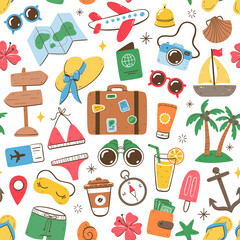 Pattern design with summer and holidays objects. Isolated elements on white background. Colorful version.