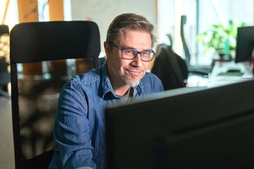 businessman working with computer in office. business lifestyle - casual middle aged man sitting at 