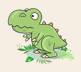 Wall Mural - Little funny cute chibi dinosaur. Tyrannosaurus mascot. Character, Suitable for Children Product, Print, Logo, Game Asset, And Other Children Related Occasion.