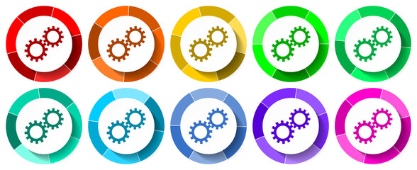 Poster - Technology icon set, cogwheel flat design vector illustration in 10 colors options for mobile applications and webdesign