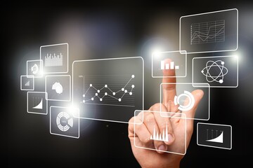 Poster - business finance technology and investment concept. businessman analyzing forex trading graph financial data.