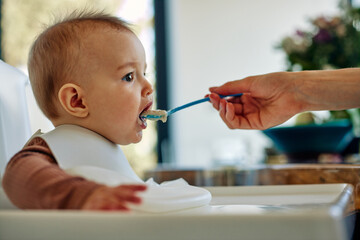 Close up of mother feeding baby