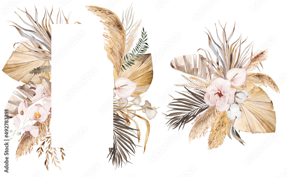 Watercolor Bohemian frame and bouquet with feathers, dried leaves and ...
