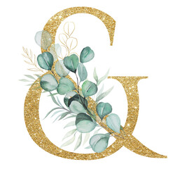 Wall Mural - Golden SYMBOL & decorated with green Watercolor eucalyptus branches and leaves isolated