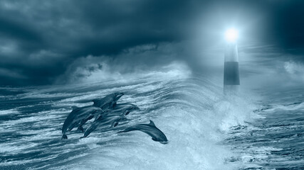 Poster - Group of dolphins jumping on the water with lighthouse - Beautiful seascape and blue sky