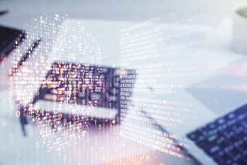 Poster - Abstract virtual creative code skull hologram on calculator and pc background, theft of personal data and malware concept. Multiexposure