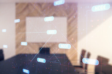 Poster - Abstract virtual coding concept on a modern conference room background. Multiexposure