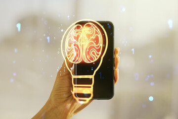 Poster - Double exposure of creative light bulb hologram with human brain and hand with cell phone on background, idea and brainstorming concept