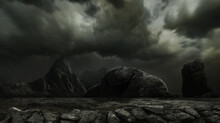 Spooky Night. Scary And Mystic Theme, Rocks And Mountains In Fog. Conceptual Background For Your Design, Poster, Ad.