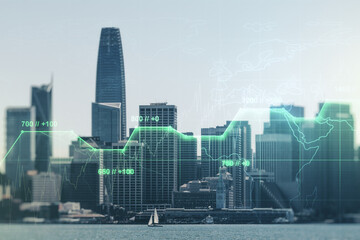 Poster - Double exposure of abstract virtual statistics data hologram on San Francisco city skyscrapers background, statistics and analytics concept