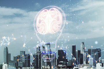 Poster - Double exposure of abstract virtual creative light bulb hologram with human brain on Los Angeles city skyscrapers background, idea and brainstorming concept