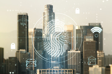 Aufkleber - Multi exposure of virtual fingerprint scan interface on Los Angeles office buildings background, digital access concept
