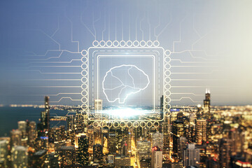 Poster - Double exposure of creative human brain microcircuit hologram on Chicago office buildings background. Future technology and AI concept