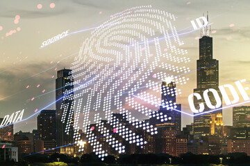 Aufkleber - Multi exposure of virtual abstract fingerprint illustration on Chicago city skyline background, digital access concept