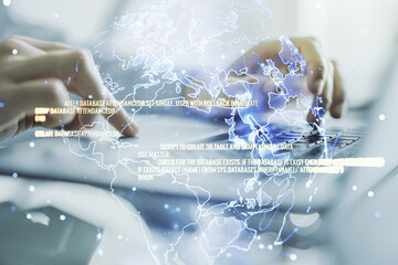 Poster - Abstract creative coding illustration with world map and hands typing on laptop on background, international software development concept. Multiexposure