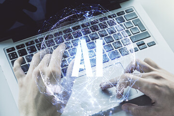 Poster - Creative artificial Intelligence symbol concept with hands typing on computer keyboard on background. Double exposure