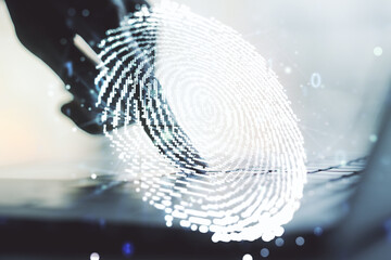 Aufkleber - Abstract creative fingerprint concept with hands typing on laptop on background. Multiexposure