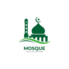 Wall Mural - simple green mosque logo design, modern islamic logo with wavy element template vector